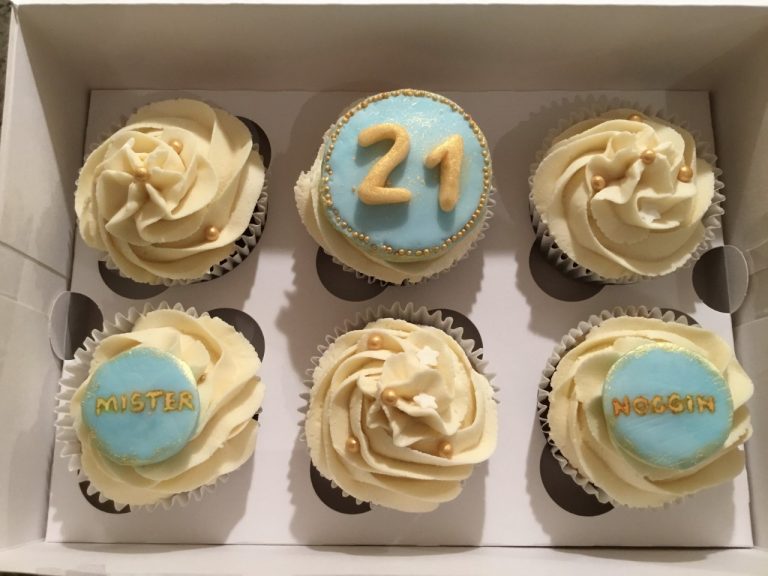 Chocolate sponge cupcakes with salted caramel buttercream and 21st Birthday decorations